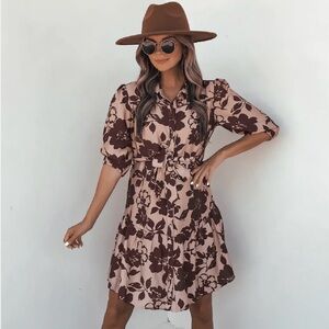 NWOT brown fall floral button down tie front dress
